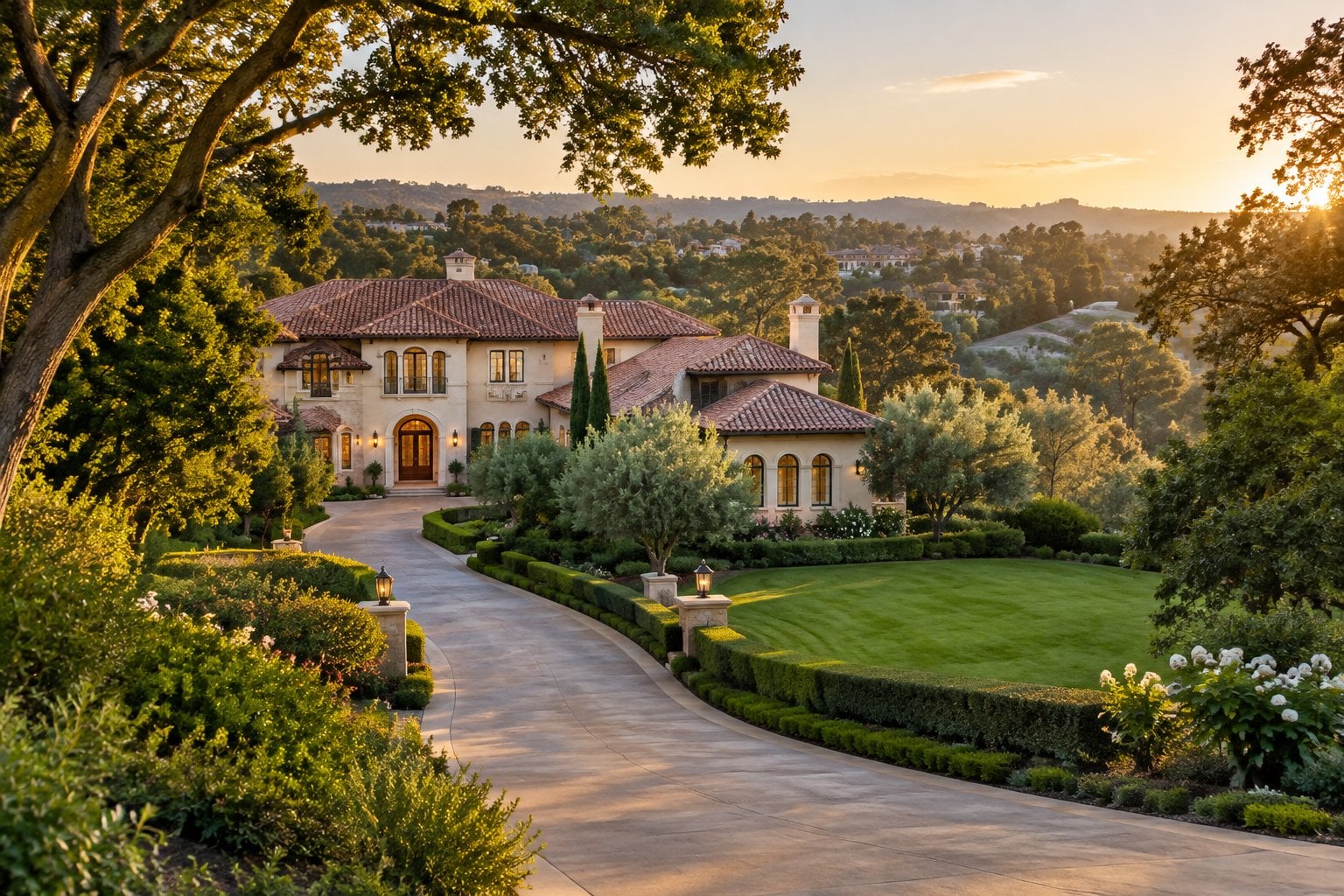 A large estate surrounded by mature trees and landscaped grounds.