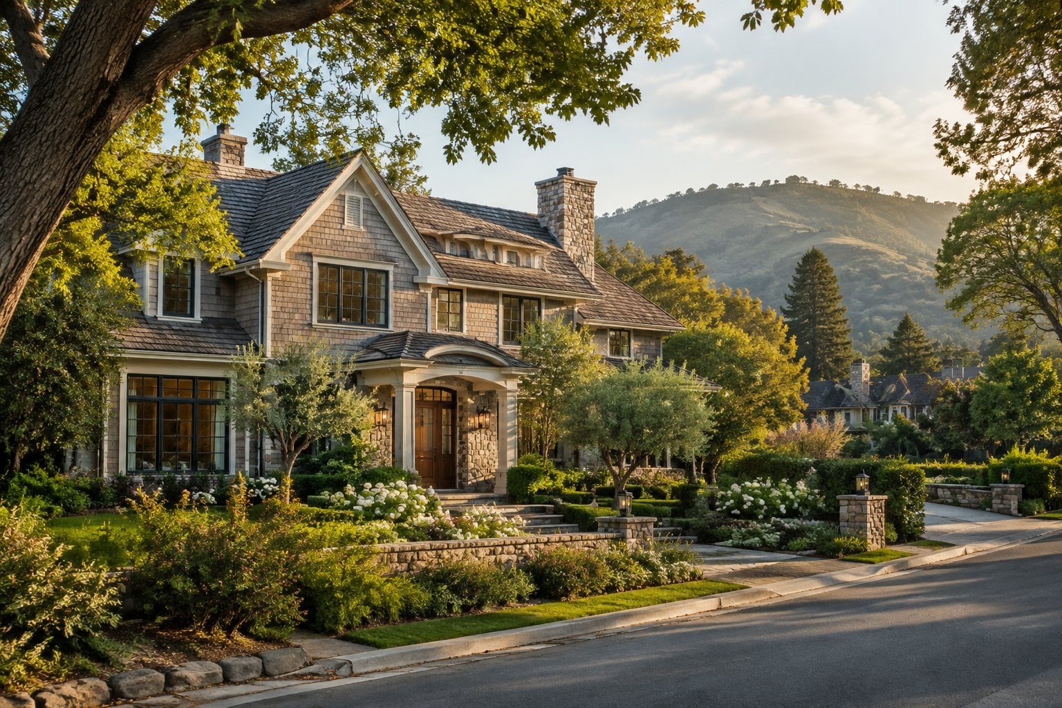 A large, elegant home surrounded by mature trees and landscaped gardens in Ross, California.