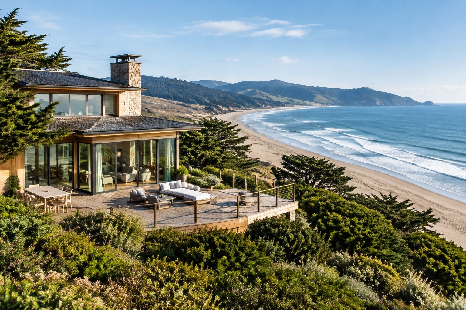 A coastal home overlooks the sandy shoreline and Pacific Ocean at Stinson Beach.