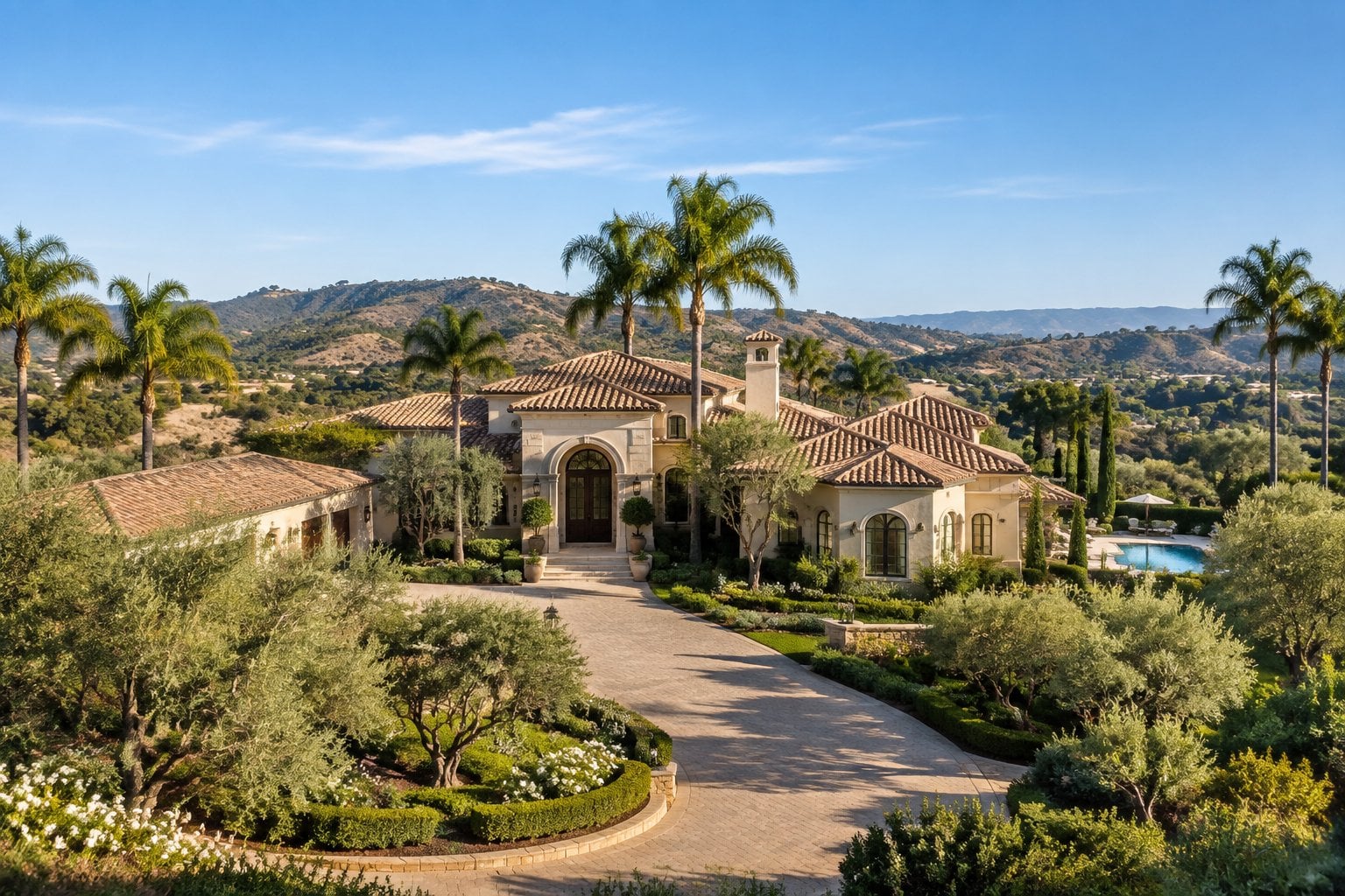 A luxury Mediterranean-style estate surrounded by gardens and palm trees in a sunny California landscape.