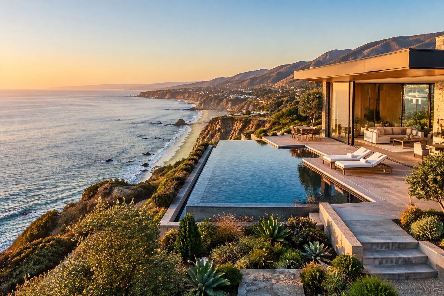 A modern luxury home overlooks the Pacific Ocean along the Malibu coast.