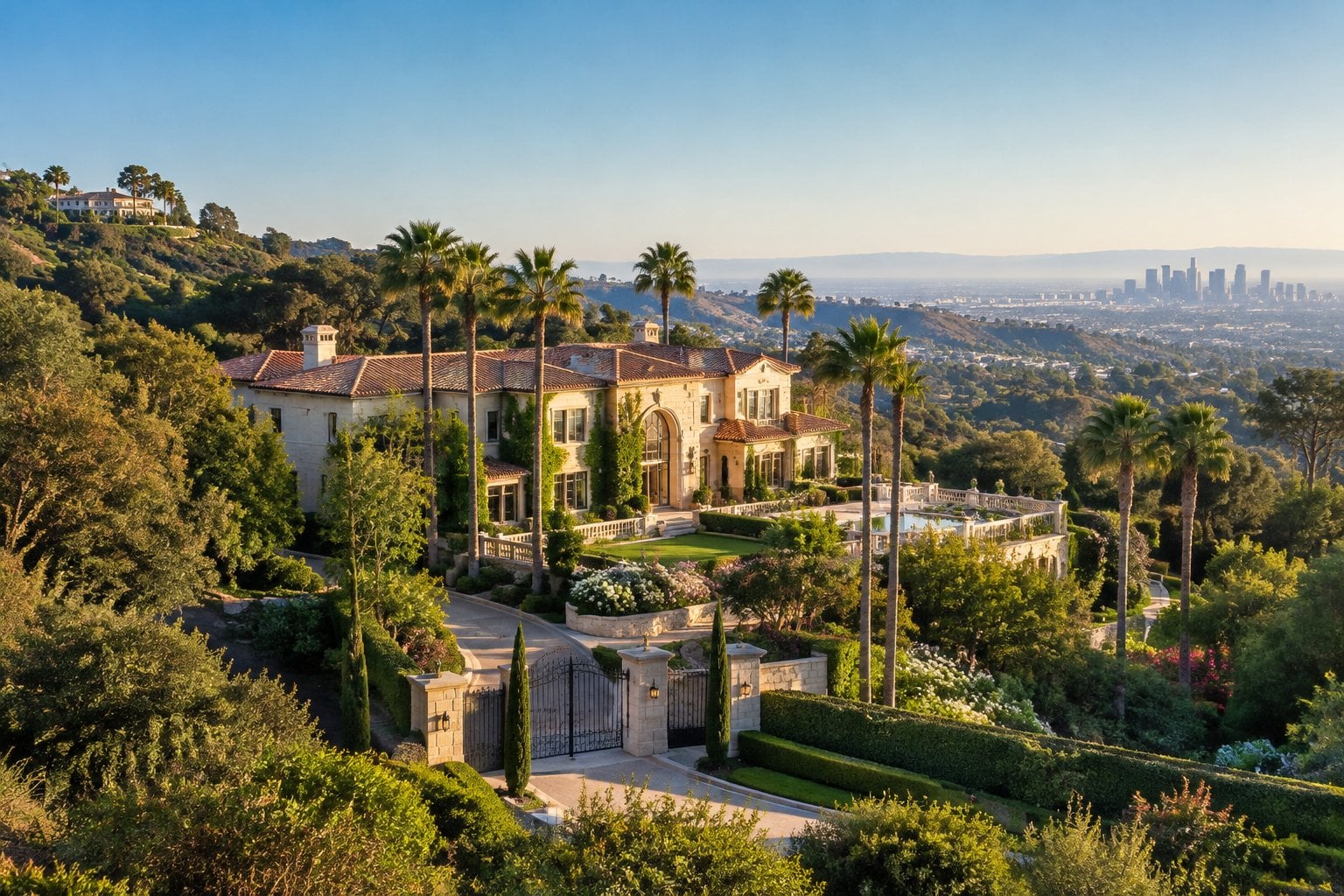 A large hillside estate surrounded by landscaped gardens and palm trees in Bel Air.