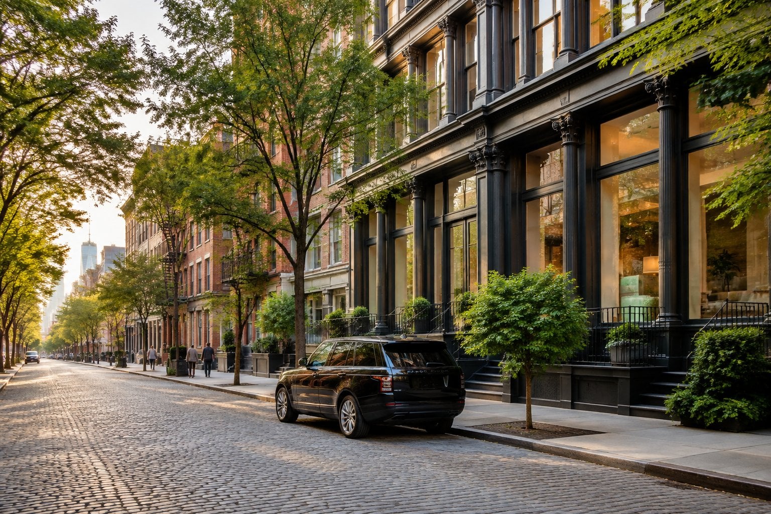 A historic loft building on a tree-lined street in Tribeca, New York.