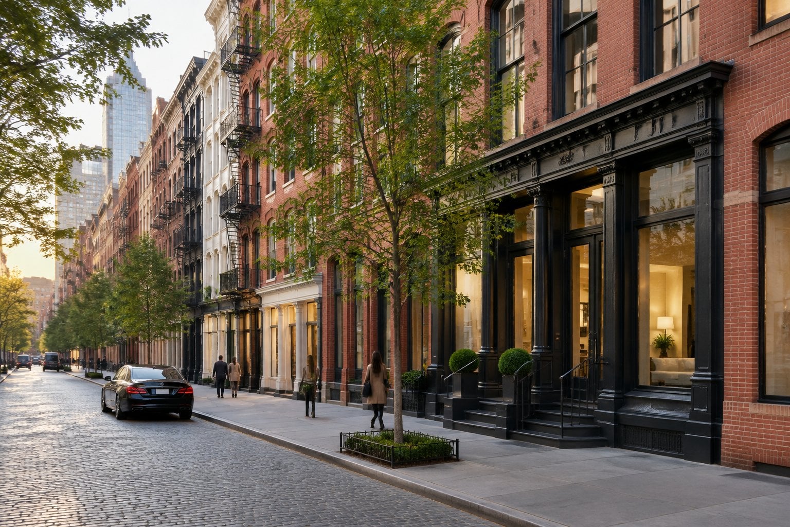 A tree-lined Tribeca street with elegant brick loft buildings and pedestrians.