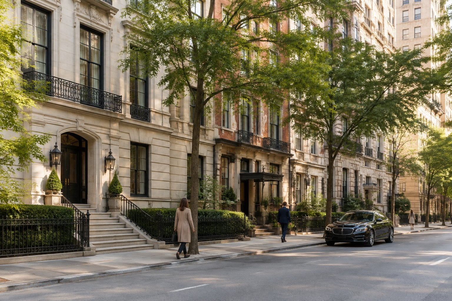 A tree-lined Upper East Side street with elegant apartment buildings and townhouses.