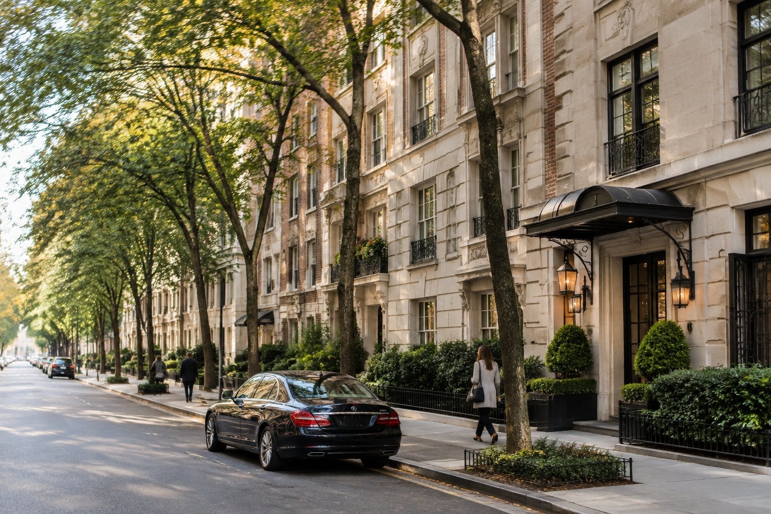 A tree-lined Upper East Side street with elegant apartment buildings and pedestrians.