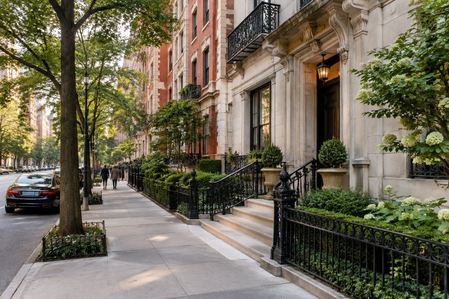 A tree-lined Upper East Side street with elegant apartment buildings and pedestrians.