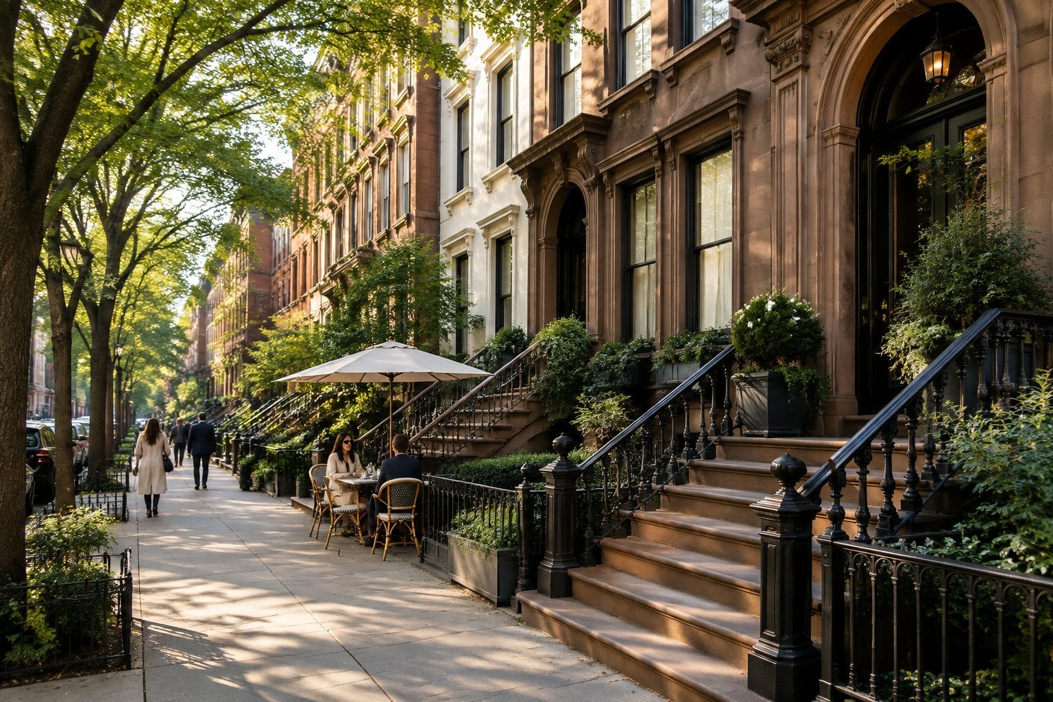 A tree-lined West Village street with historic brownstones and pedestrians.