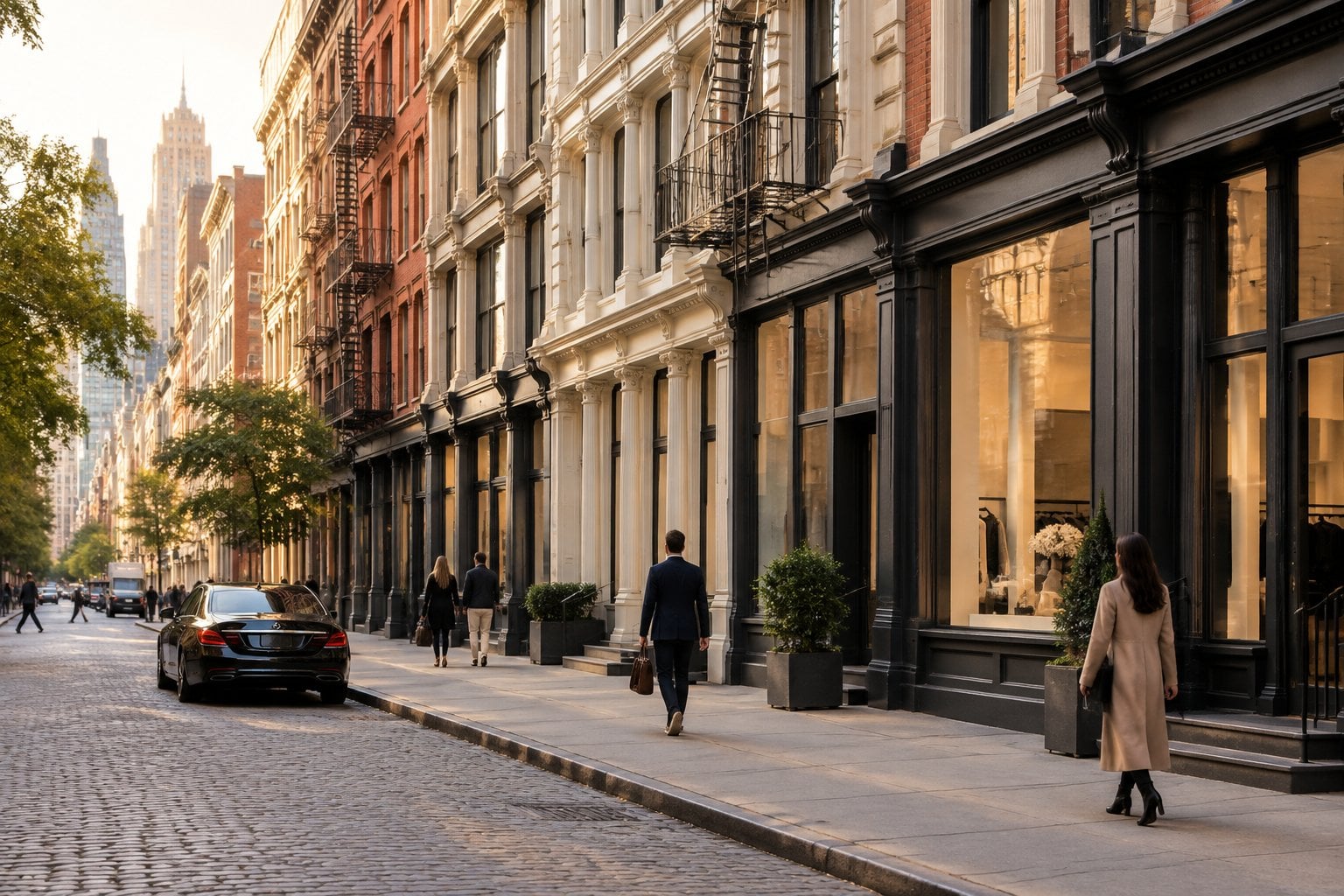 A SoHo street lined with historic buildings and storefronts.