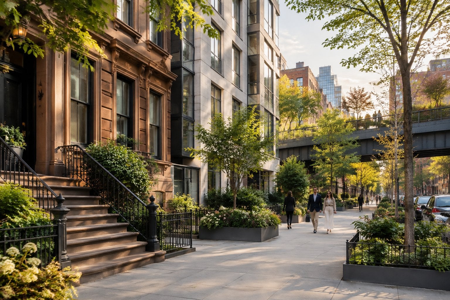 A landscaped urban walkway and upscale buildings in Chelsea, Manhattan.