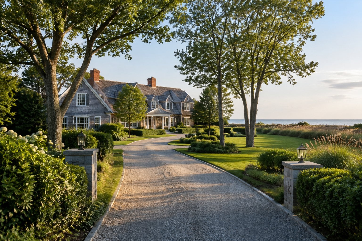 A large coastal home surrounded by landscaped grounds and mature trees.