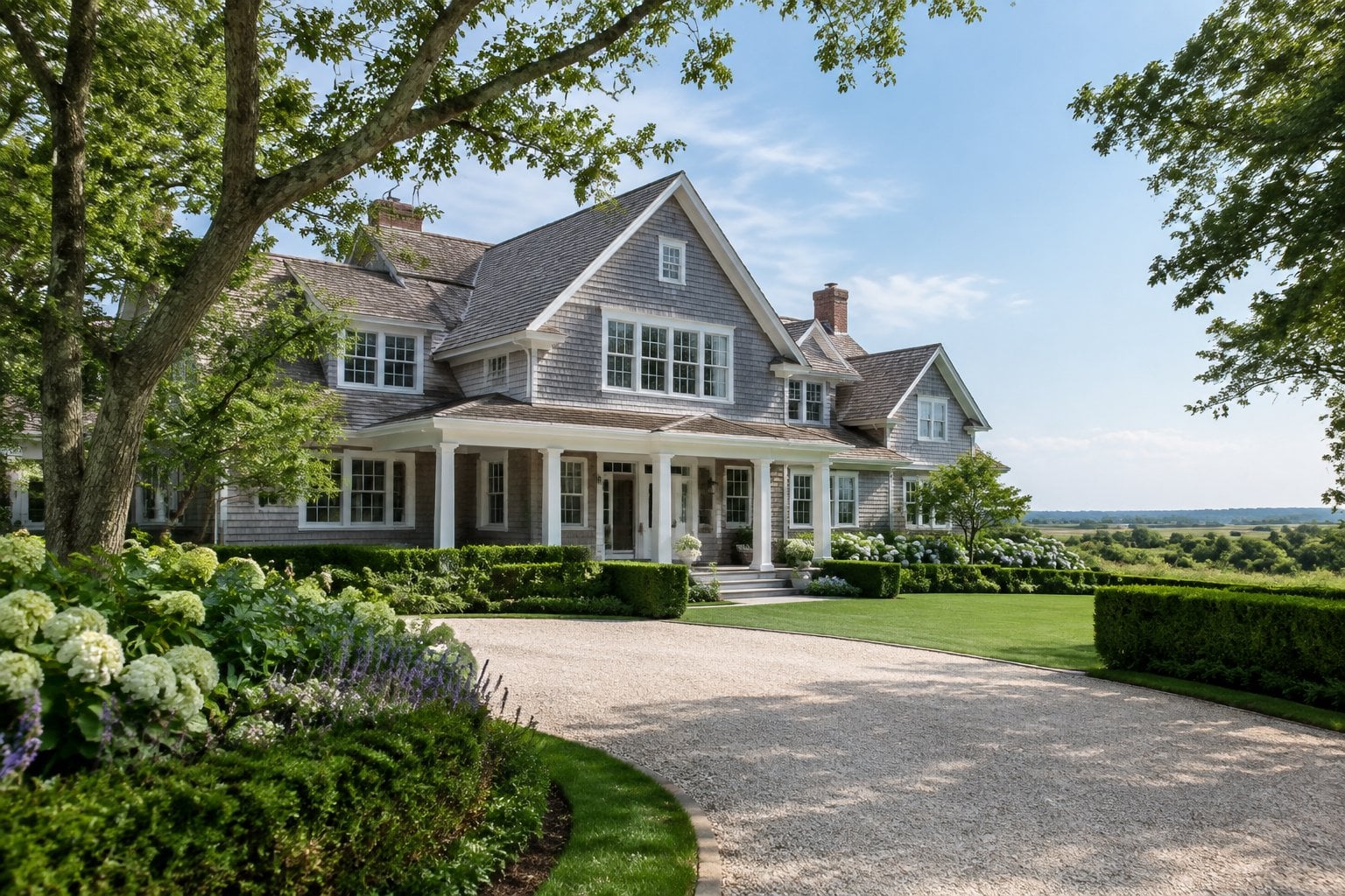 A large shingle-style home surrounded by landscaped gardens and mature trees.