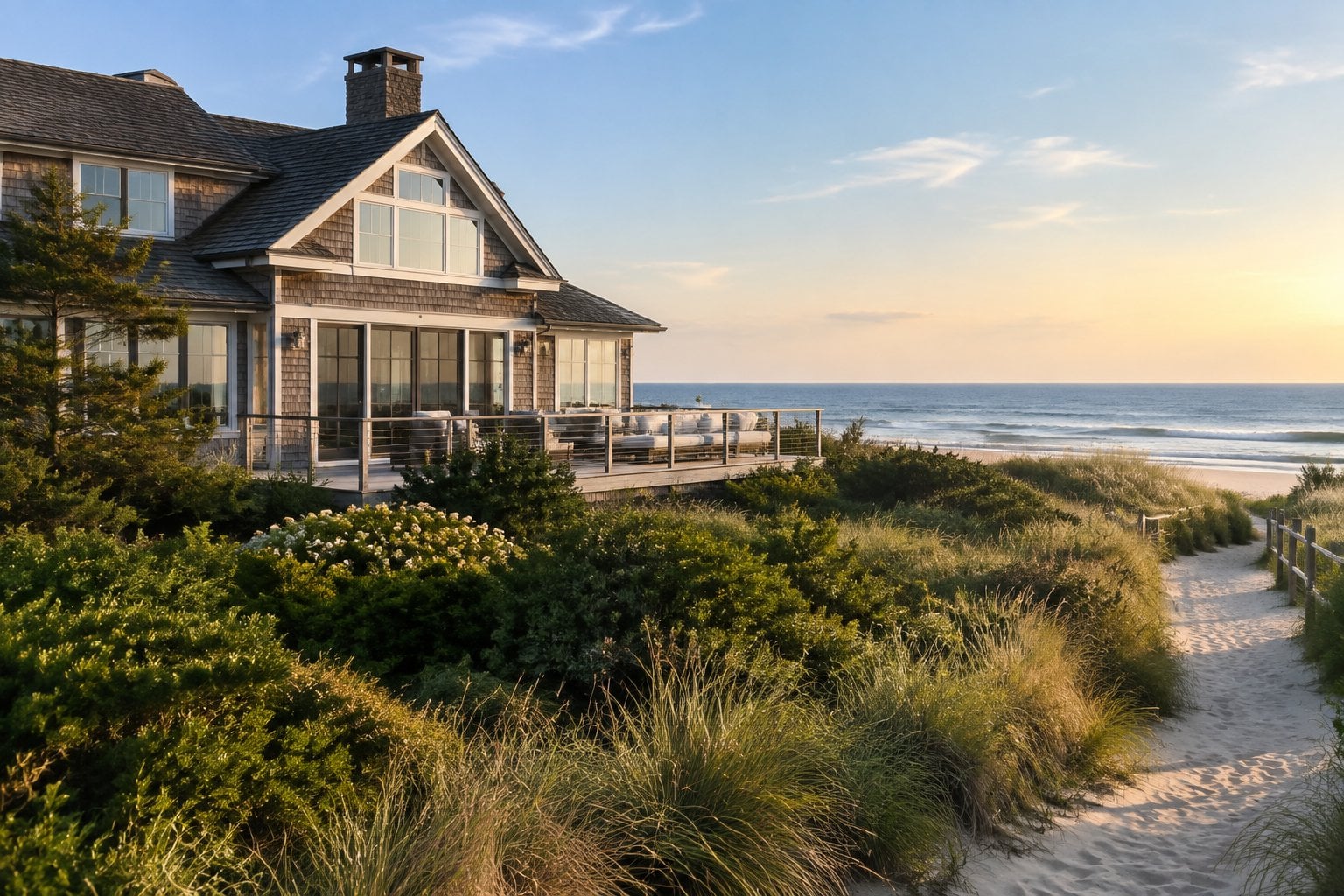 A coastal home sits among dune grasses near a sandy beach in Amagansett.