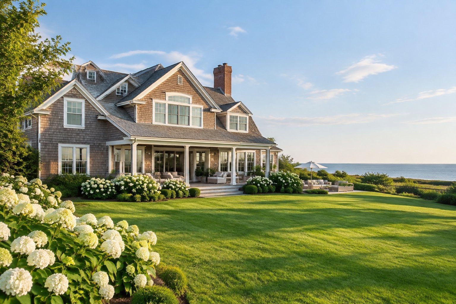 A large cedar-shingle estate surrounded by landscaped gardens near the East Hampton coast.
