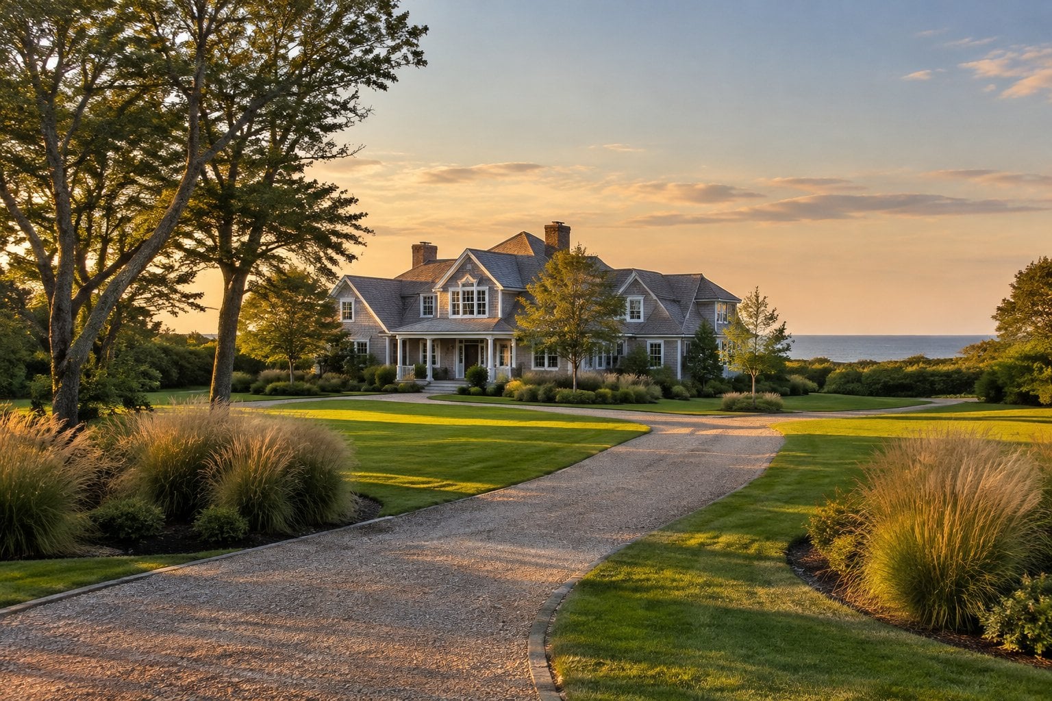 A large coastal home surrounded by landscaped grounds and mature trees.