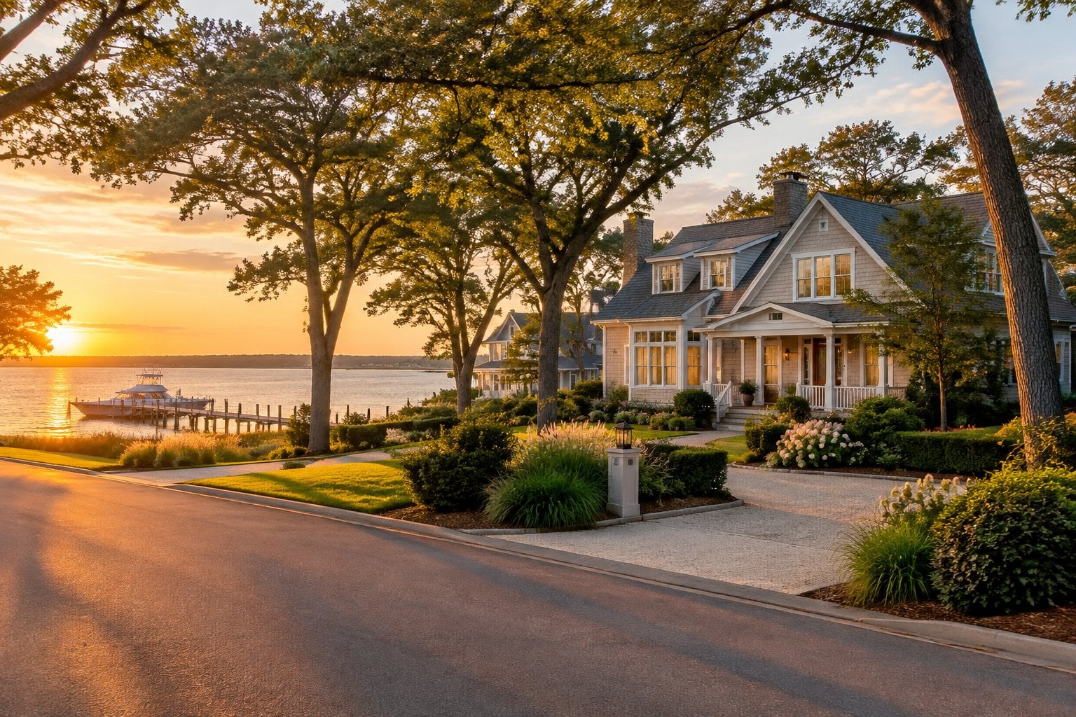 A large waterfront home on a quiet, tree-lined coastal street.