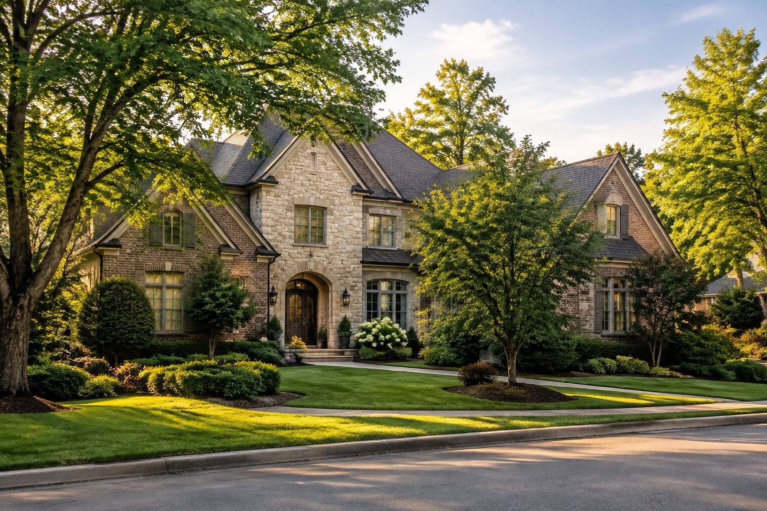 A large brick home surrounded by landscaped grounds on a quiet, tree-lined street.