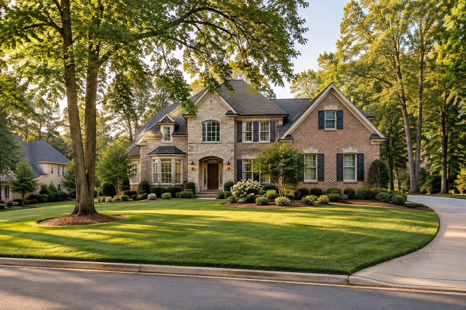 A large brick home surrounded by trees and landscaped lawns in a quiet neighborhood.