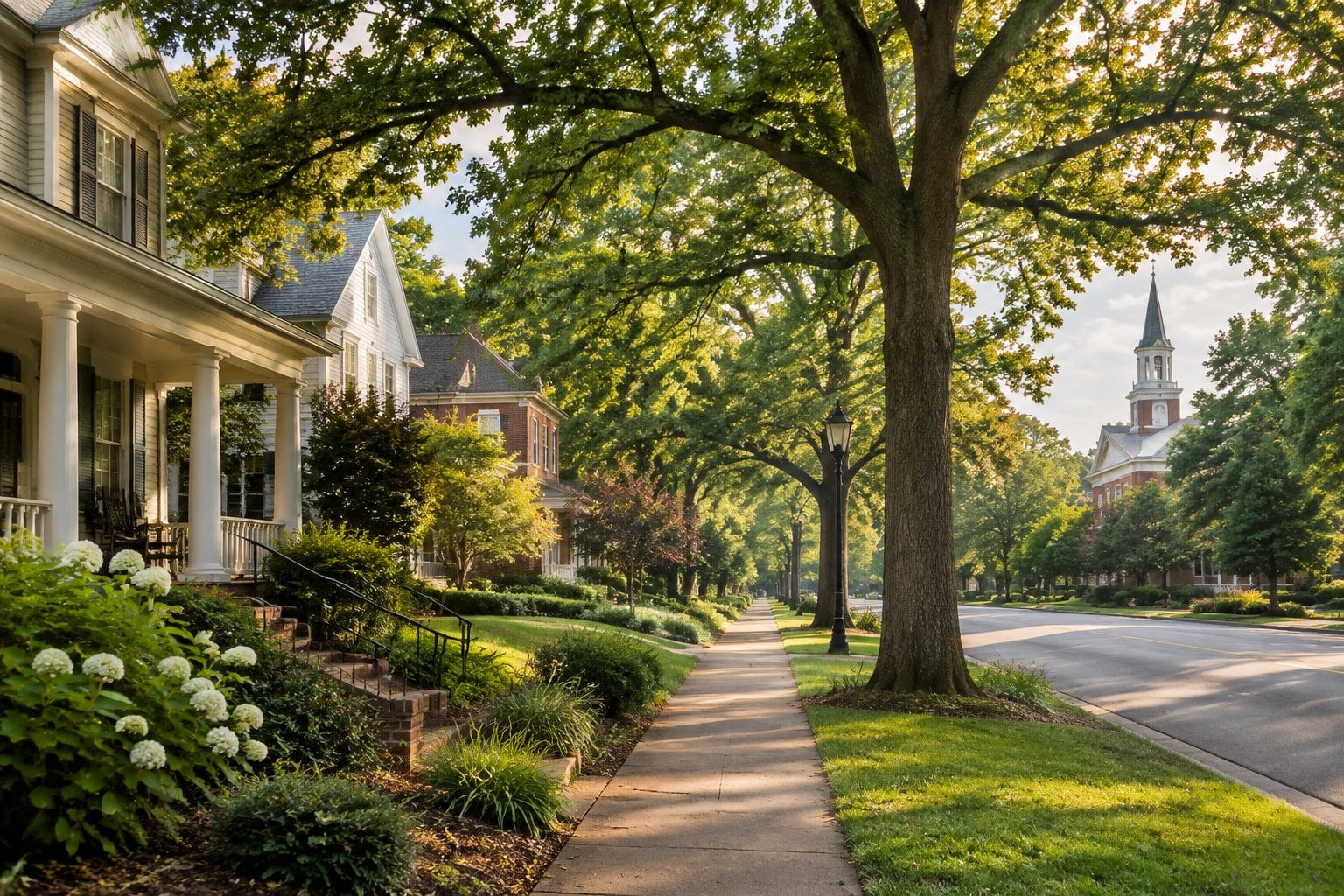 A leafy residential street with elegant homes in Davidson, North Carolina.