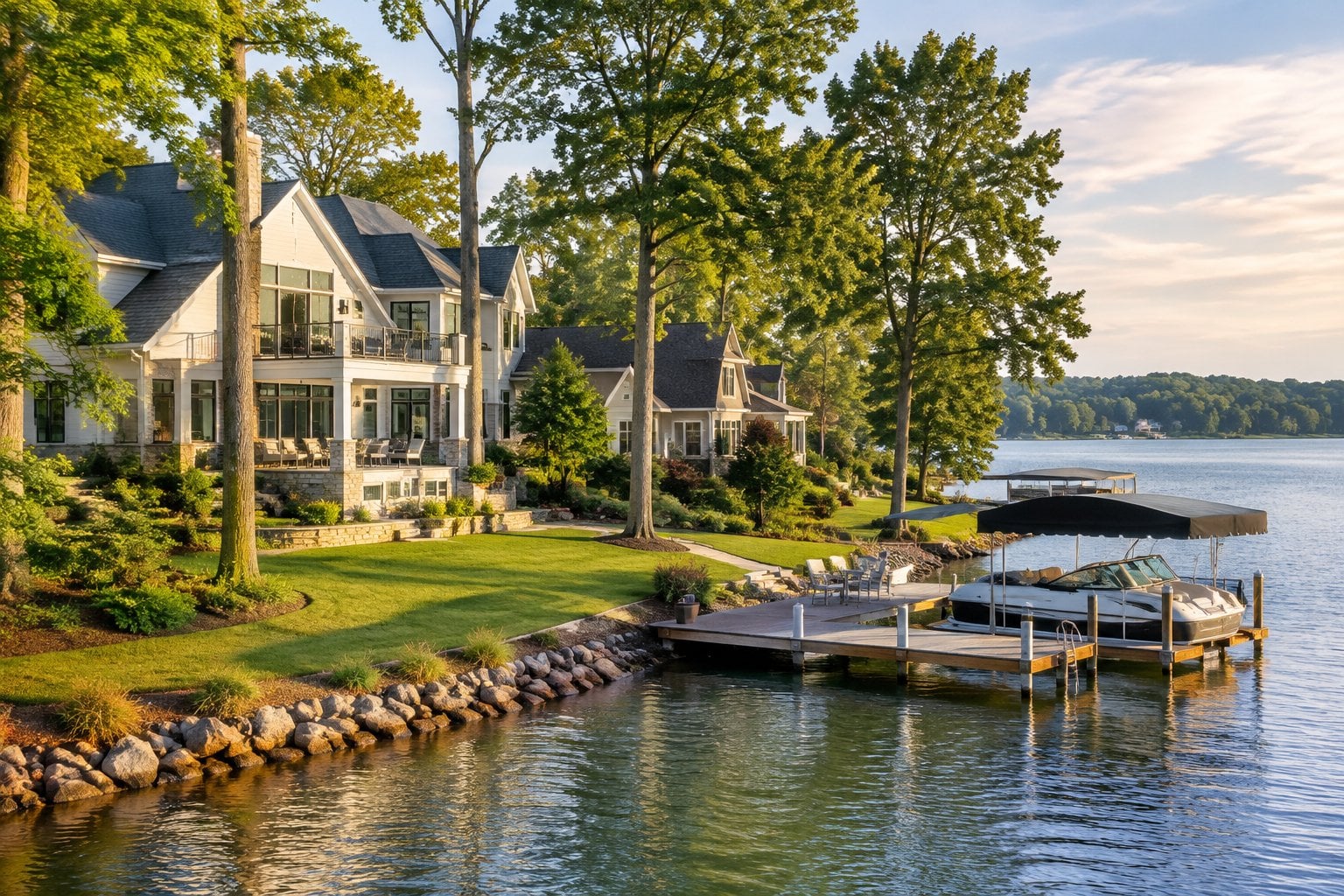 A lakeside home and dock on the calm waters of Lake Norman.