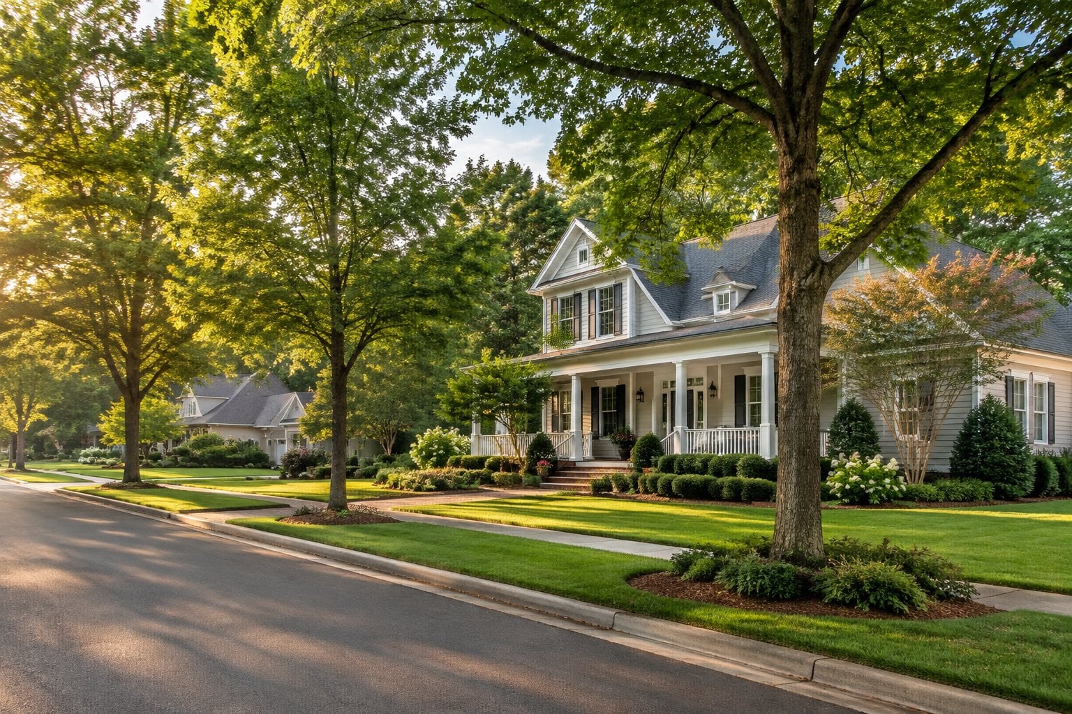 A large home surrounded by trees and landscaped gardens in a quiet Waxhaw neighborhood.
