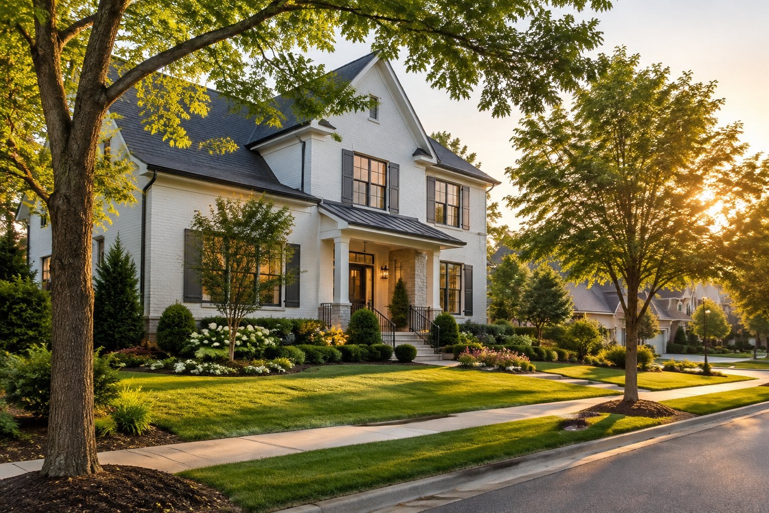 A modern home surrounded by landscaped gardens and mature trees in a quiet Cary neighborhood.