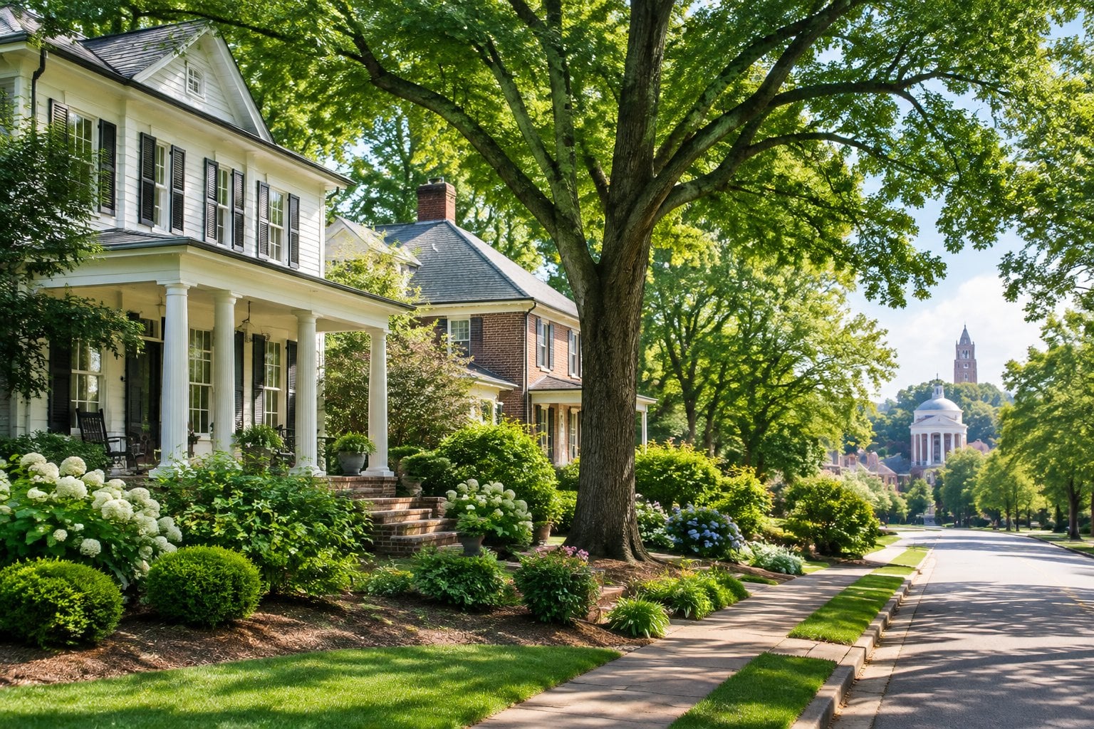 A leafy Chapel Hill neighborhood with elegant homes and a university-style building in the distance.