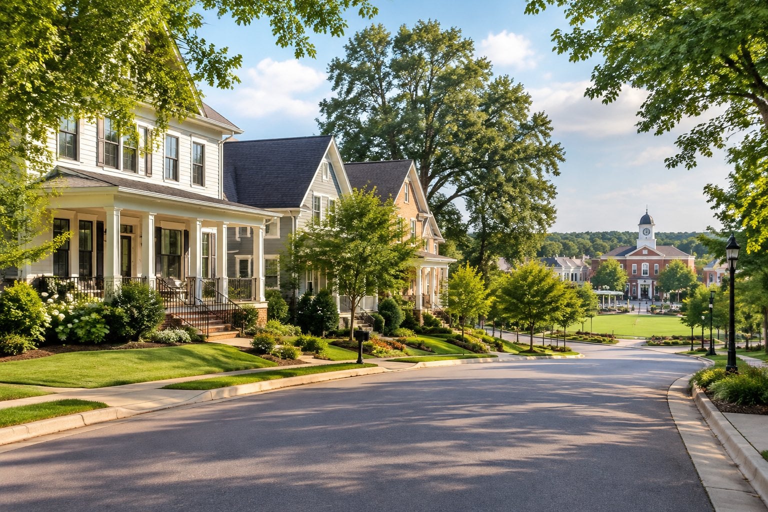 A tree-lined street with attractive homes and manicured lawns.