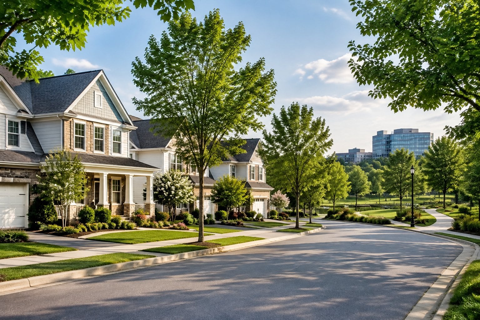 A leafy suburban street lined with well-kept homes in Morrisville, North Carolina.