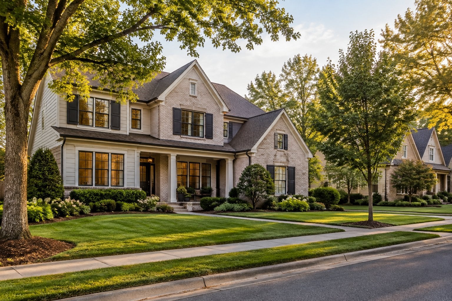An upscale home on a leafy residential street in Huntersville, North Carolina.