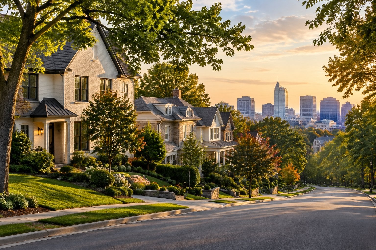 A leafy Raleigh neighborhood with well-kept homes and a distant city skyline.