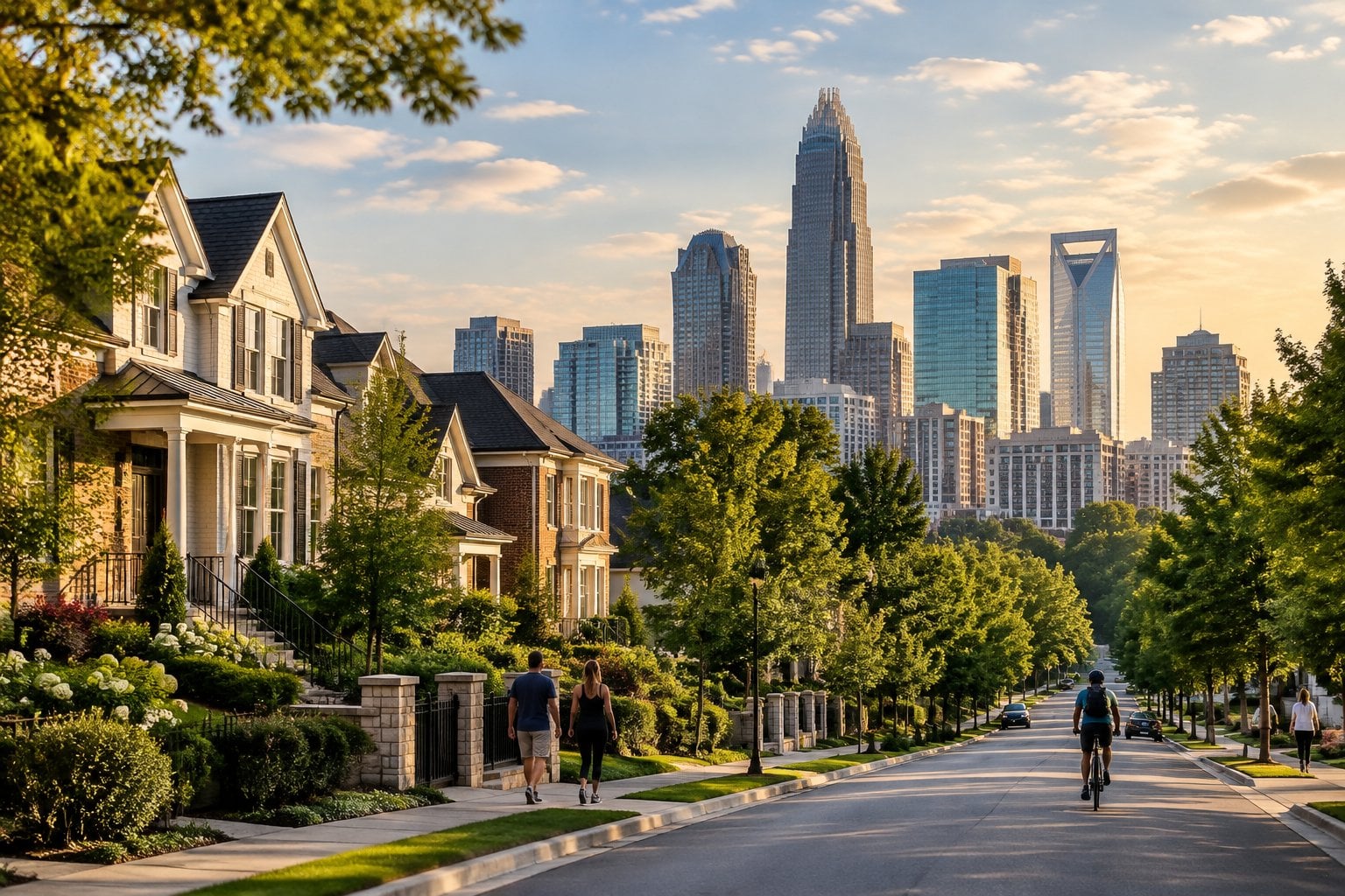 Upscale homes on a leafy Charlotte street with the city skyline in the distance.