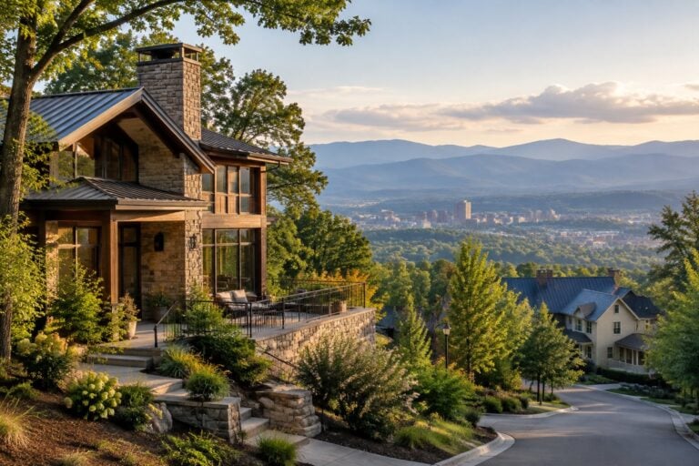 A refined home sits among leafy trees with the Blue Ridge Mountains in the distance.