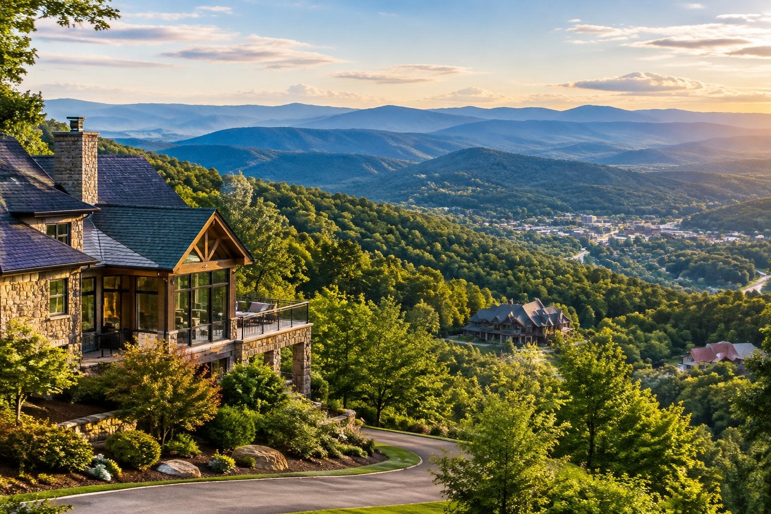 A mountain home surrounded by forested ridges near Boone, North Carolina.