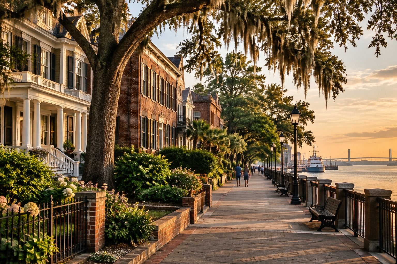 Historic buildings and moss-draped oak trees along Wilmington’s riverfront.