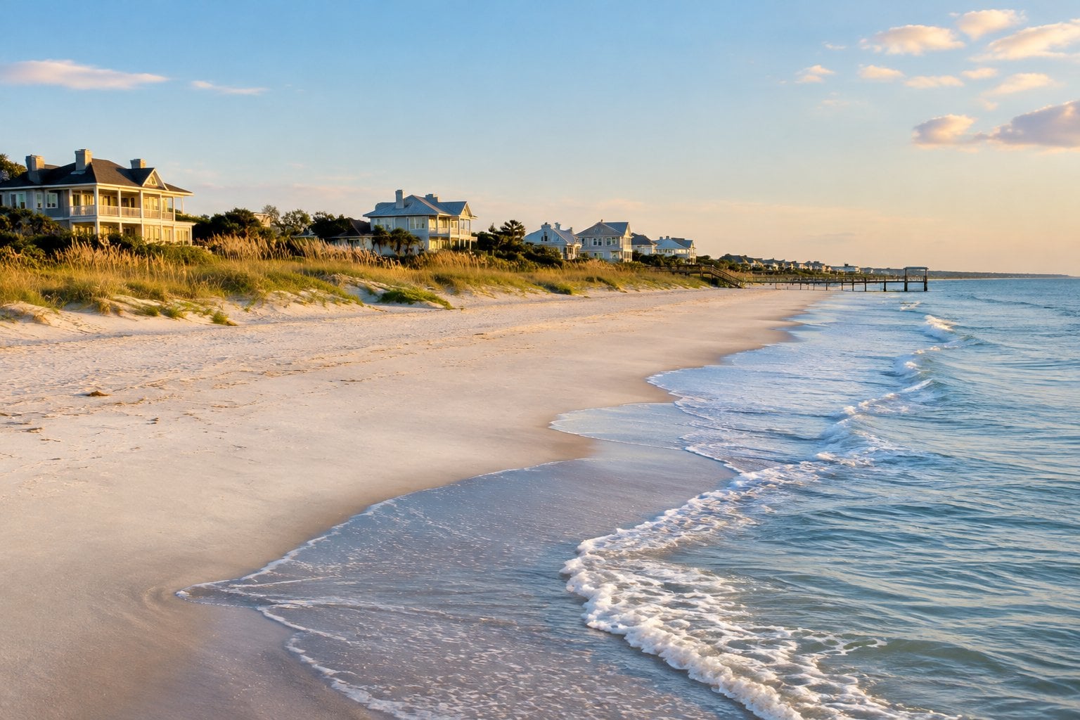 A sandy Wrightsville Beach shoreline with calm ocean water and coastal homes behind the dunes.