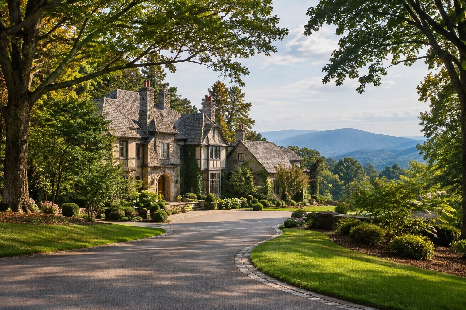 An elegant estate surrounded by trees, with mountains in the distance.