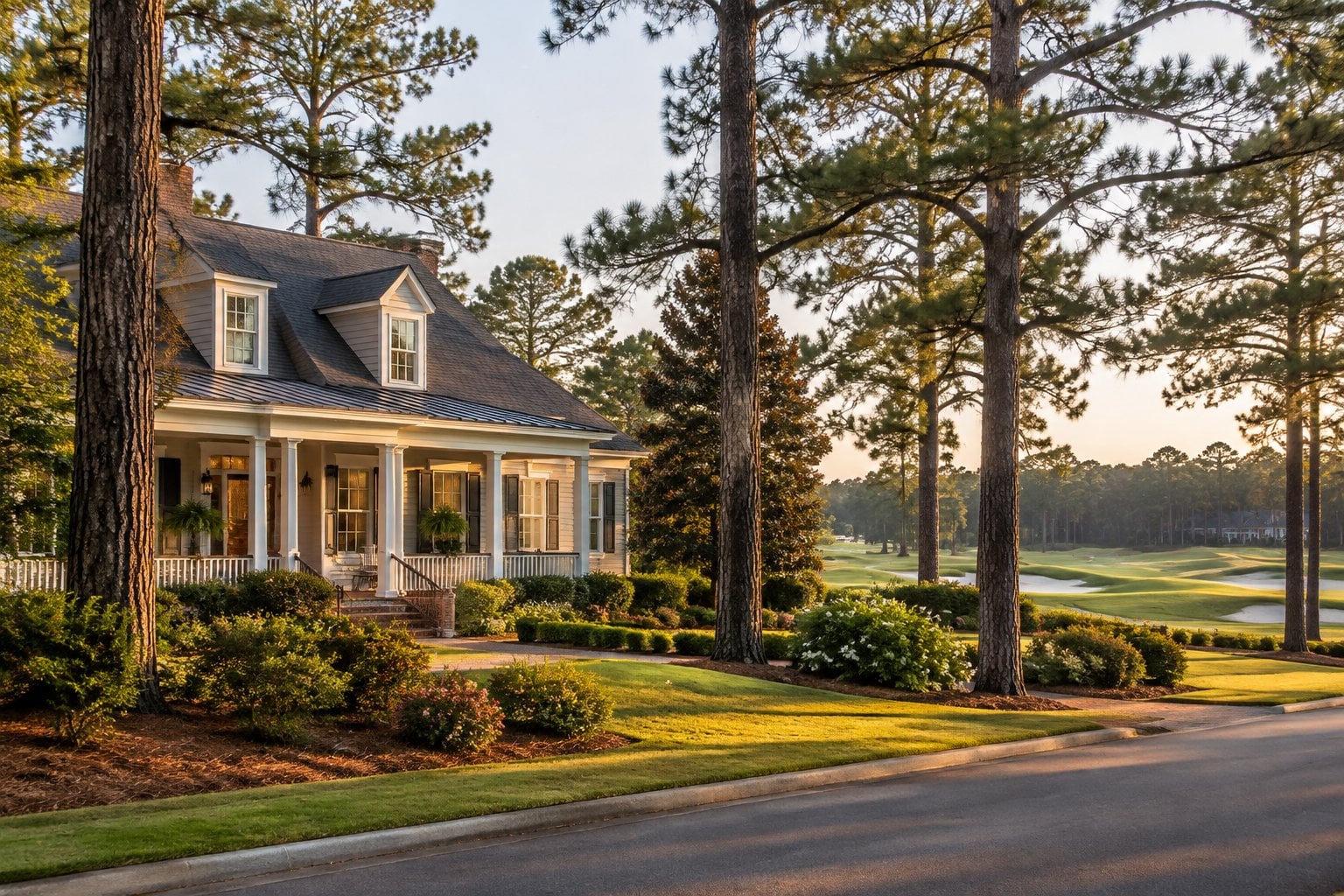 An elegant home among tall pines beside a manicured golf course.