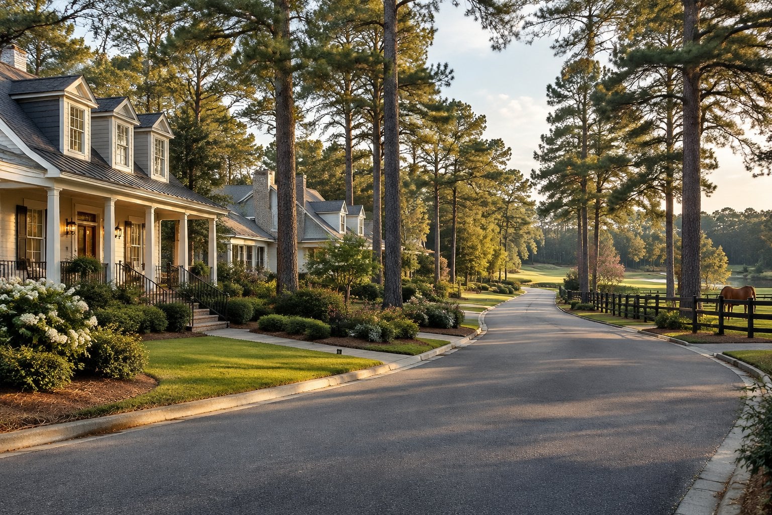 Elegant homes along a tree-lined street in Southern Pines.