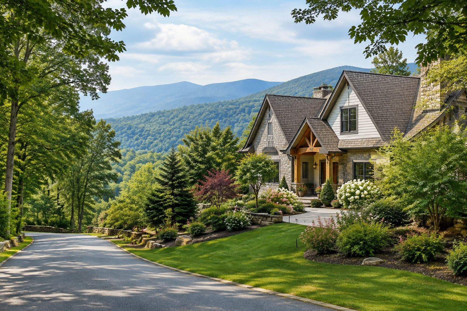 An upscale home surrounded by greenery with the Blue Ridge Mountains in the distance.