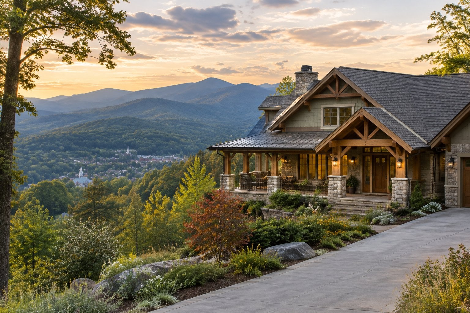 A craftsman-style home surrounded by trees with the Blue Ridge Mountains in the background.