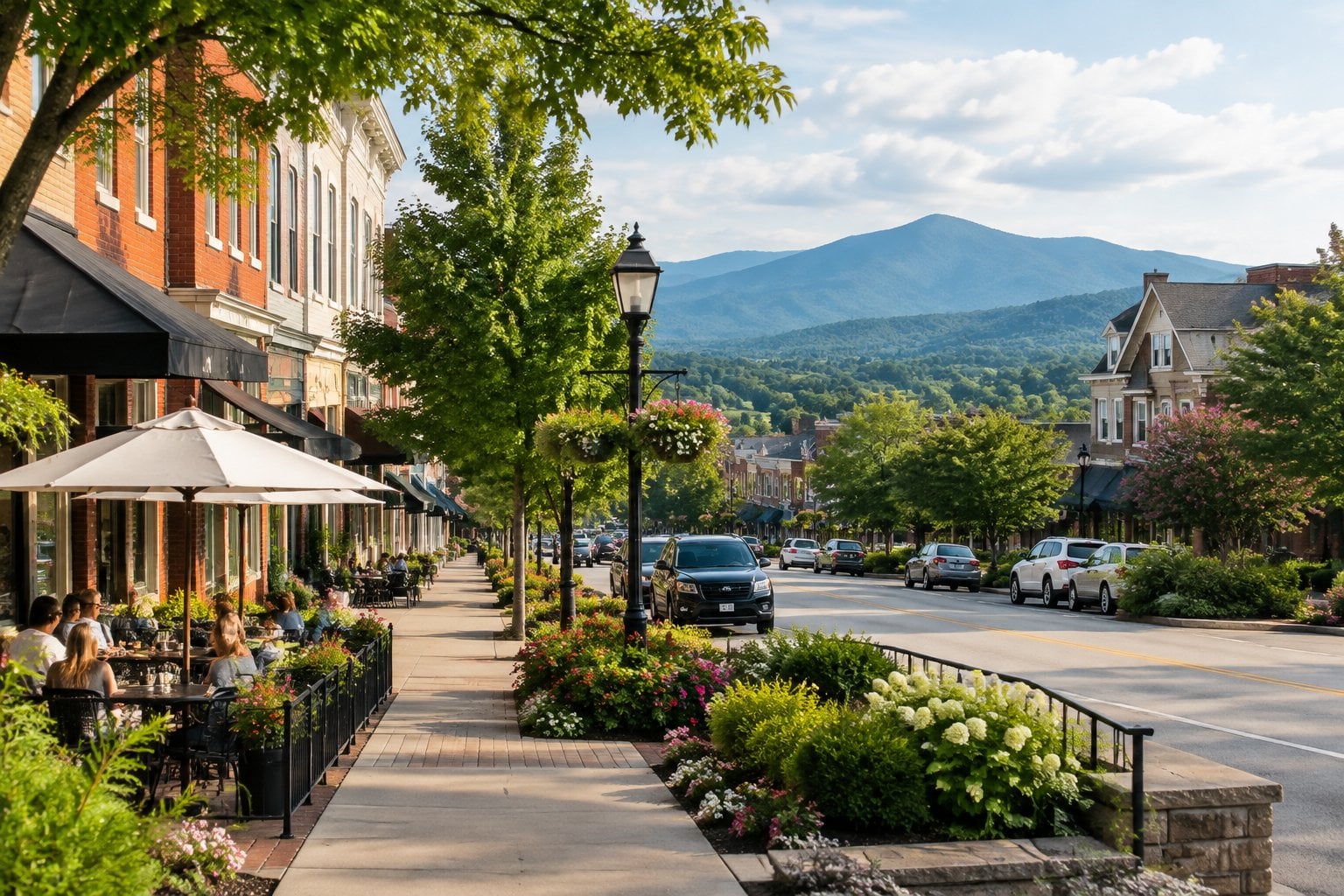 A tree-lined street in downtown Hendersonville with the Blue Ridge Mountains in the distance.