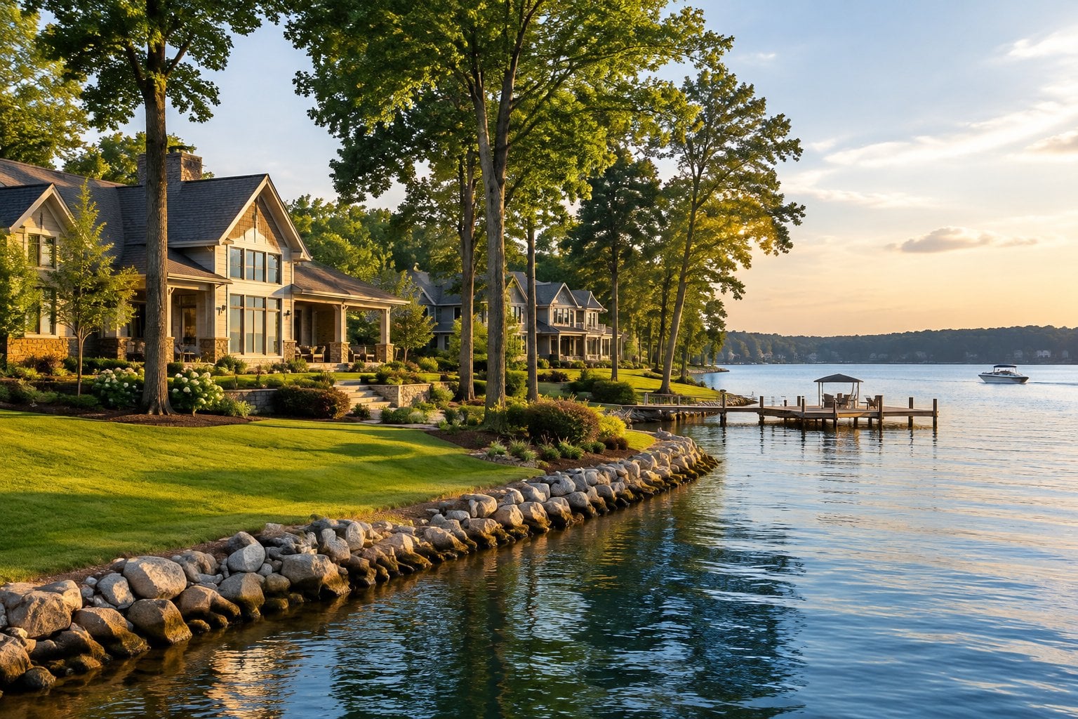 Elegant homes and a private dock beside Lake Norman in Mooresville.