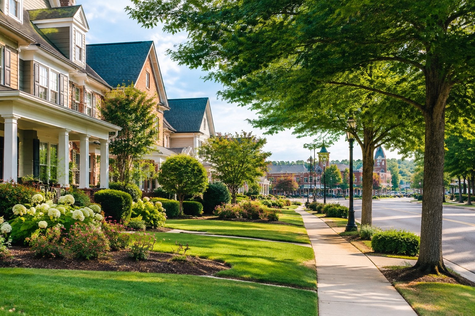 A tree-lined residential street with landscaped homes in Matthews, North Carolina.
