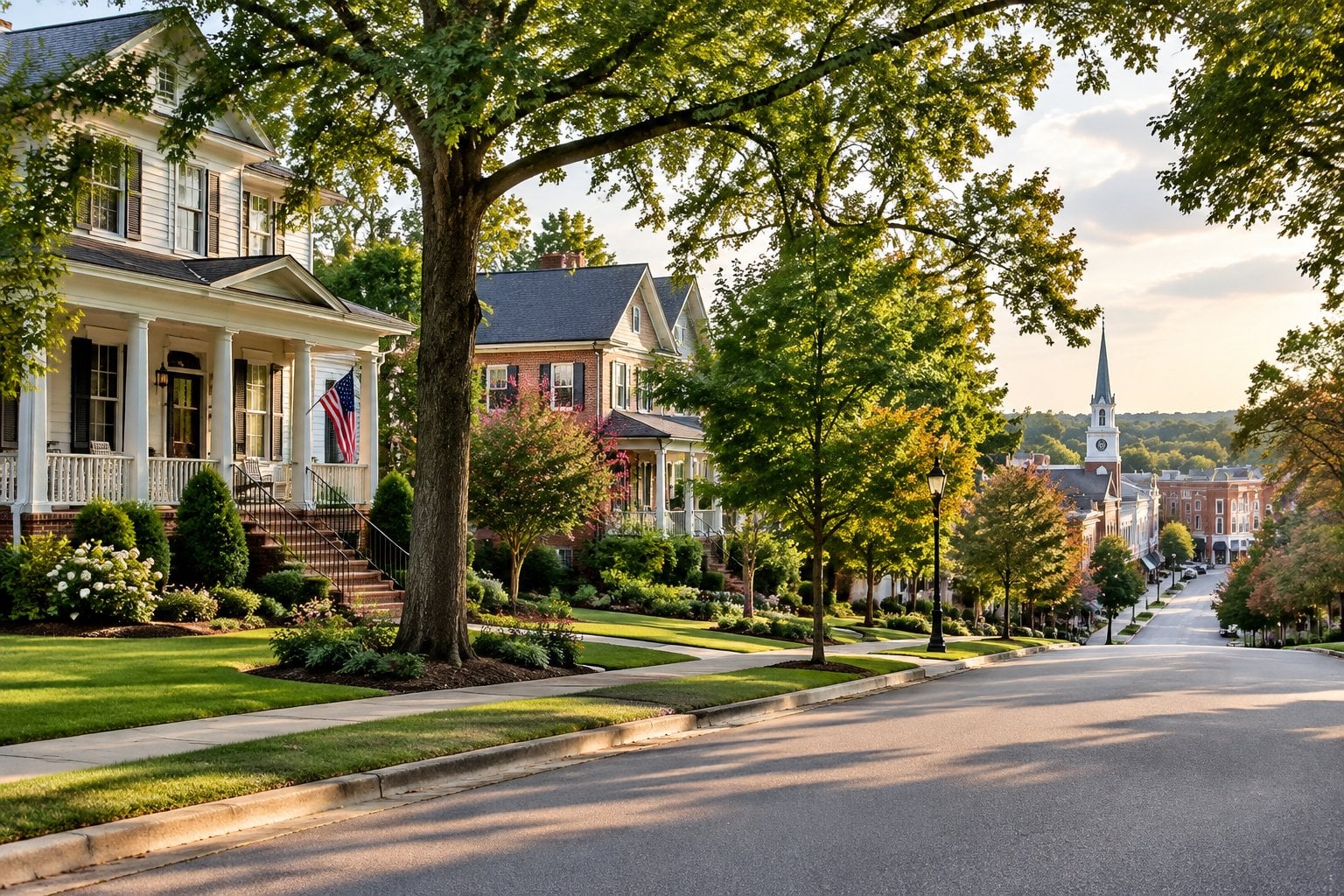 A tree-lined residential street with spacious homes and landscaped lawns.