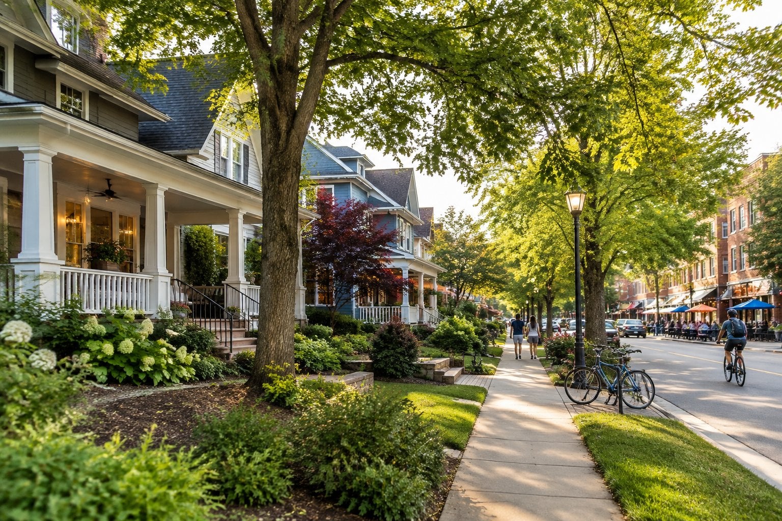 A leafy Carrboro neighborhood with attractive homes and a walkable streetscape.