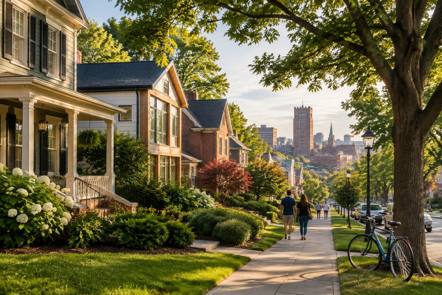 A tree-lined Durham street with attractive homes and people walking along the sidewalk.