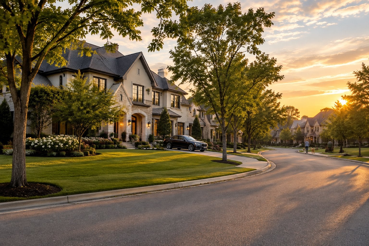 A large home and manicured lawns along a quiet suburban street.