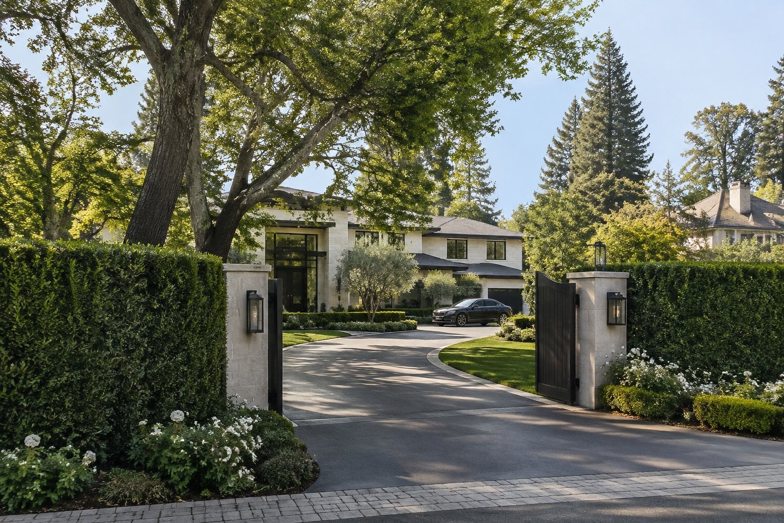 A large estate sits behind mature trees and a tall hedge in a quiet, leafy neighborhood.