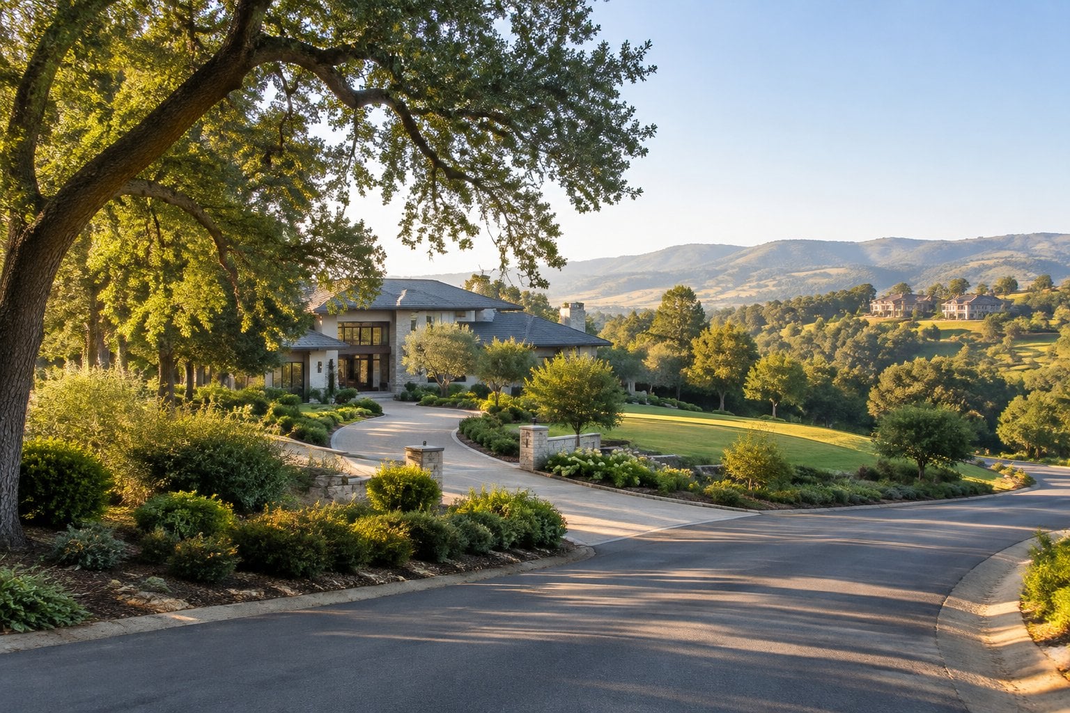 A large home among oak trees and rolling hills in Los Altos Hills.